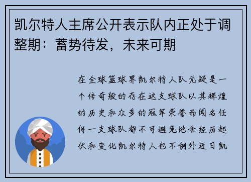 凯尔特人主席公开表示队内正处于调整期：蓄势待发，未来可期